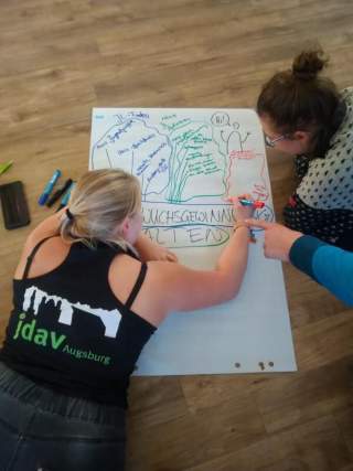 Zwei JDAVler*innen gestalten ein Flipchart-Plakat