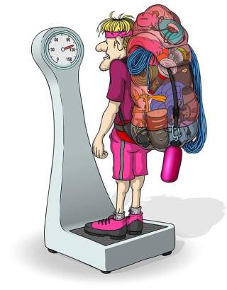 Eine Zeichnung eines Wanderers auf einer Waage mit einem zu schweren Rucksack