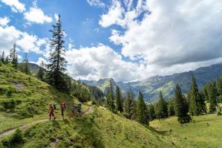 Eine Berglandschaft mit leichtem Wald; eine kleine Gruppe Wanderer ist zu erkennen