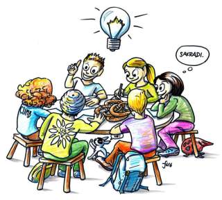 Illustration von sechs Menschen, die um einen Tisch sitzen und gemeinsam nachdenken, was durch eine Glühbirne über der Runde verbildlicht wird.